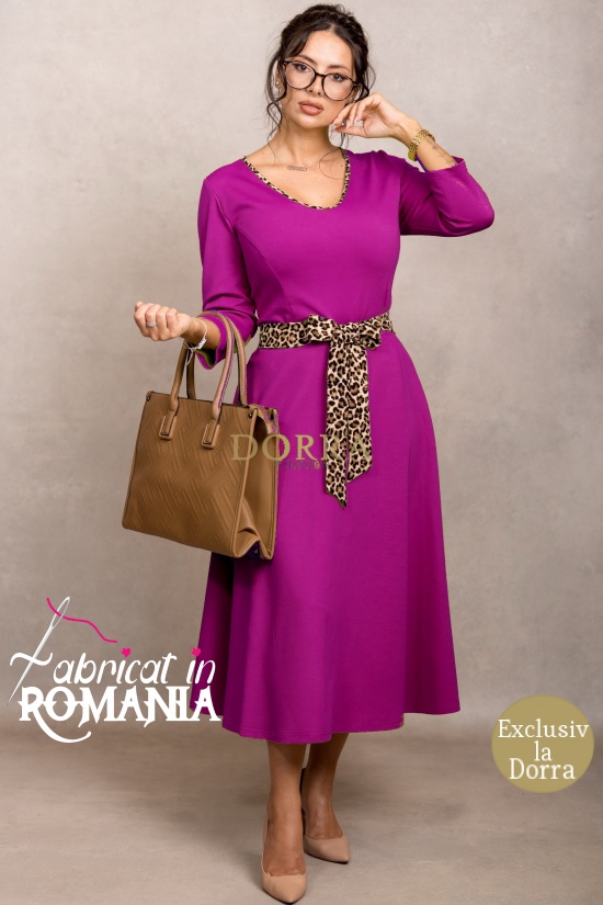 Rochie Olivia din jerse de bumbac magenta cu maneca 3/4 si detalii animal print